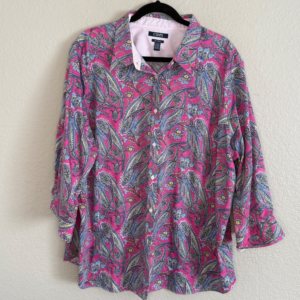 Chaps Womens 3X Pink Paisley No Iron Cotton Shirt Career Preppy Statement